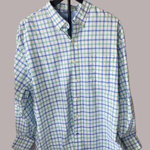 IZOD Saltwater Men’s XL Shirt Blue Green Check Long Sleeve Button Down